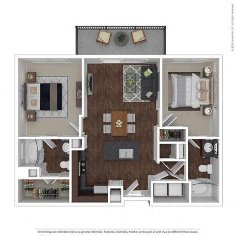 Floor plan for 2 beds, 2 baths, 935 sqft